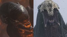 The Scorched Xenomorph in Alien: Romulus and a Predator snarling from Prey, pictured side by side.