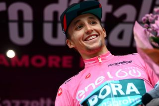 Jai Hindley (Bora Hansgrohe) celebrating victory at the 2022 Giro d'Italia