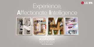 A promotional image for LG's IFA Berlin 2024 smart home showcase with the word "Home" stylized as a floor plan