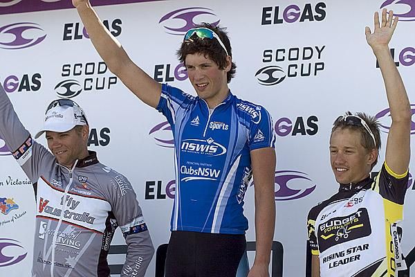 The stage eight podium (l-r): Jonathan Cantwell (2nd,Fly V Australia), Alex Carver (1st,NSWIS), and Richard Lang (3rd,Budget Forklifts).
