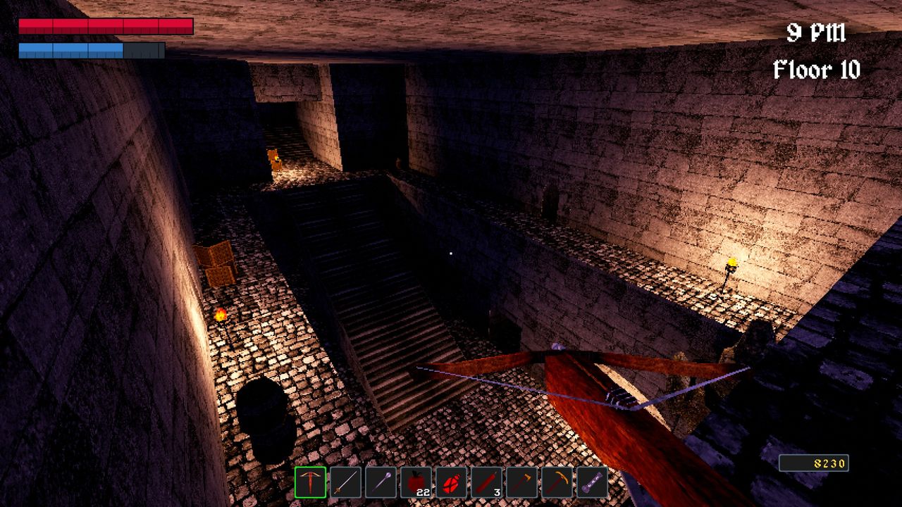 First person view crossbow pointed down toward large dungeon room in Nox Mortalis