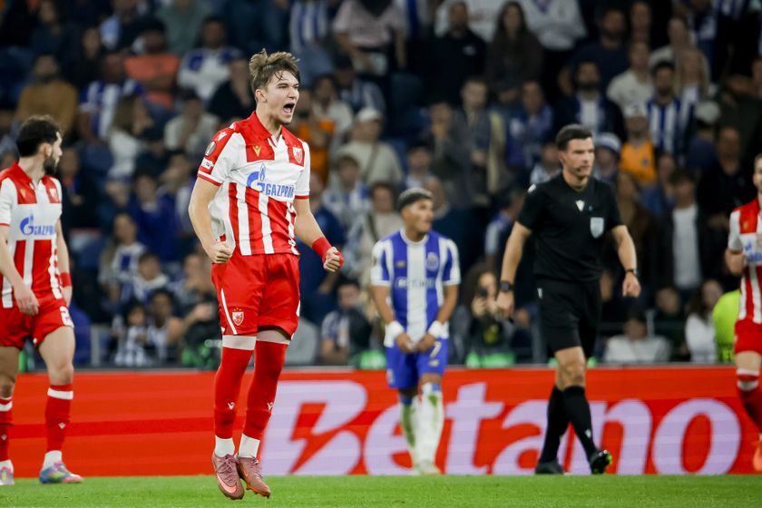 Porto, Portugal - October 2: Vasilije Kostov of FK Crvena Zvezda celebrates after scoring his team&amp;apos;s first goal during the UEFA Europa League 2025/26 League Phase MD2 match between FC Porto and FK Crvena Zvezda at Estadio do Dragao on October 2, 2025 in Porto, Portugal. (Photo by Fabio Poco/DeFodi Images/DeFodi via Getty Images)