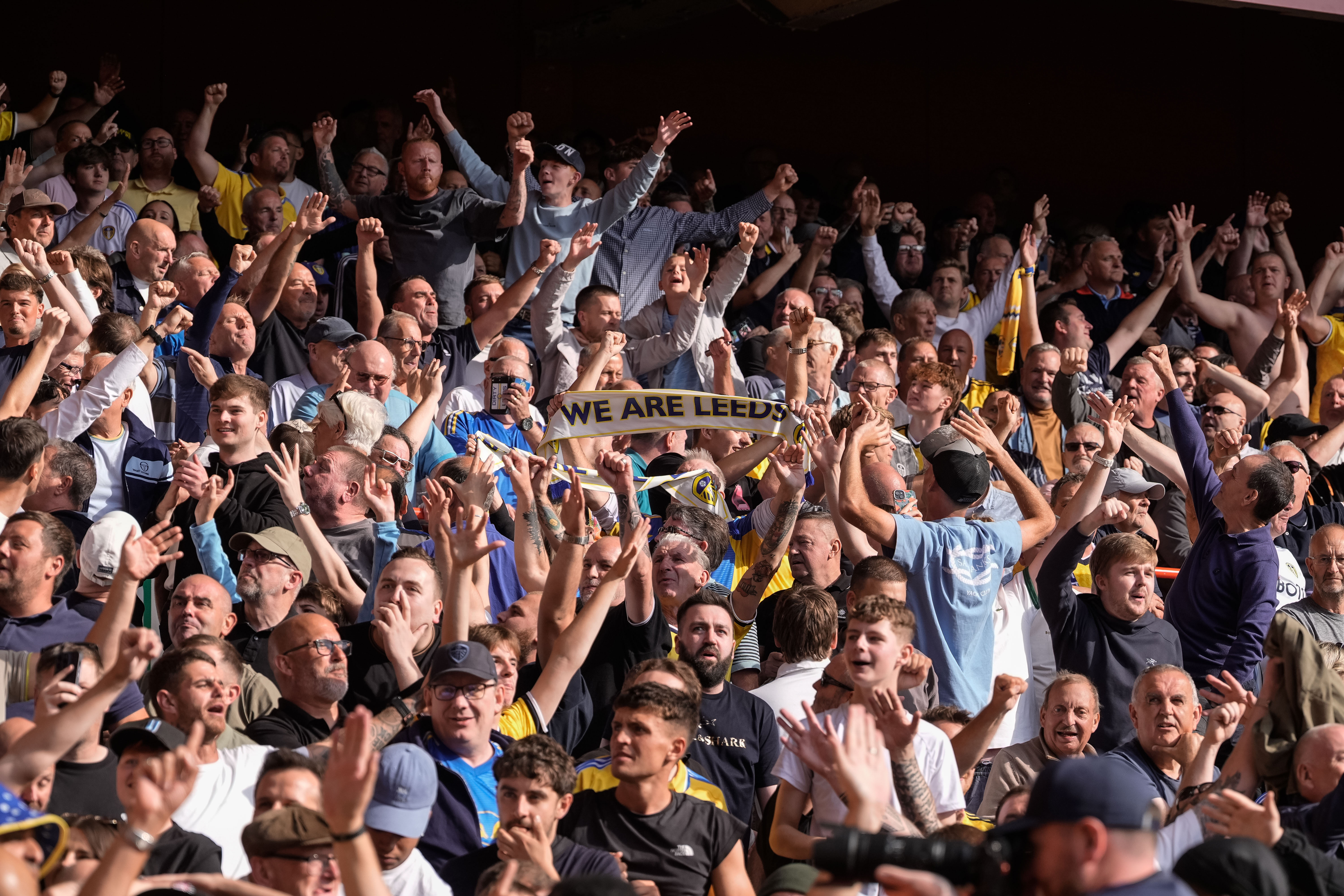 Leeds United fans on the road during the Premier League match between Nottingham Forest and Leeds United at the City Ground in Nottingham, United Kingdom, on August 22, 2026. (Photo by Maynard Manyowa/News Images/NurPhoto via Getty Images)