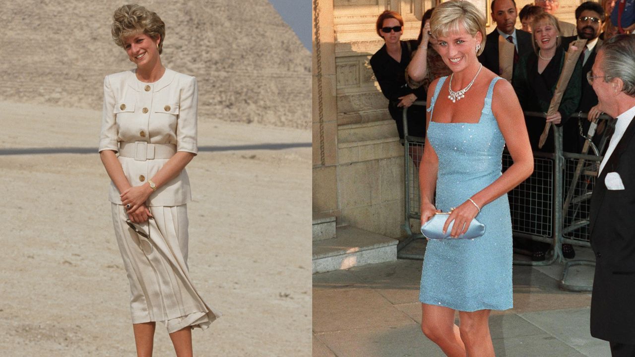 Princess Diana standing in front of the pyramids in Egypt wearing a tan skirt and top and smiling next to a photo of her in a short blue dress clutching a blue purse on a red carpet with a crowd watching on