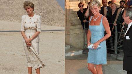 Princess Diana standing in front of the pyramids in Egypt wearing a tan skirt and top and smiling next to a photo of her in a short blue dress clutching a blue purse on a red carpet with a crowd watching on