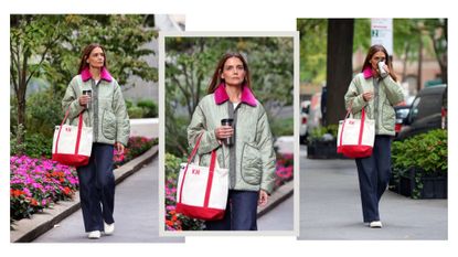 katie holmes in new york wearing a green quilted jacket and a red and cream personalised tote canvas bag