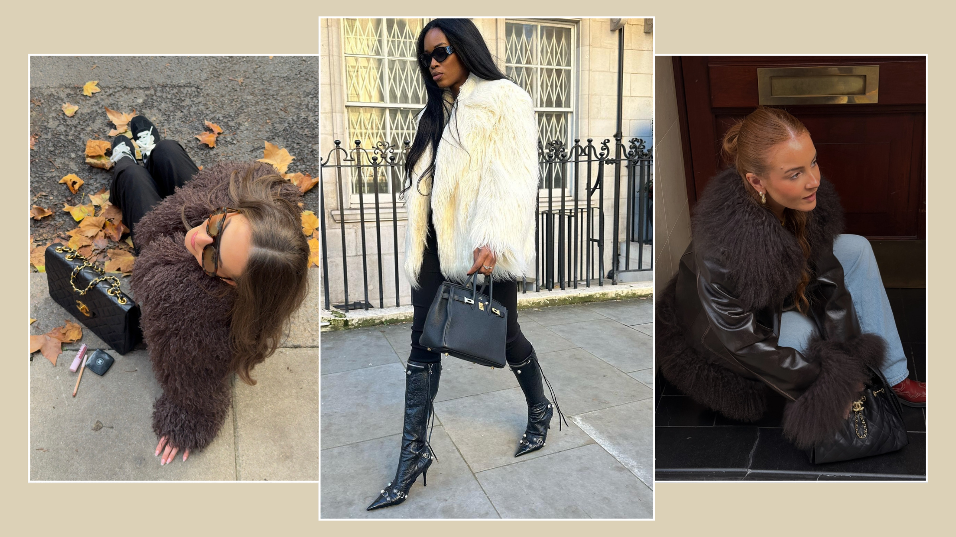 Three fashion people wear faux fur jacket outfits. 