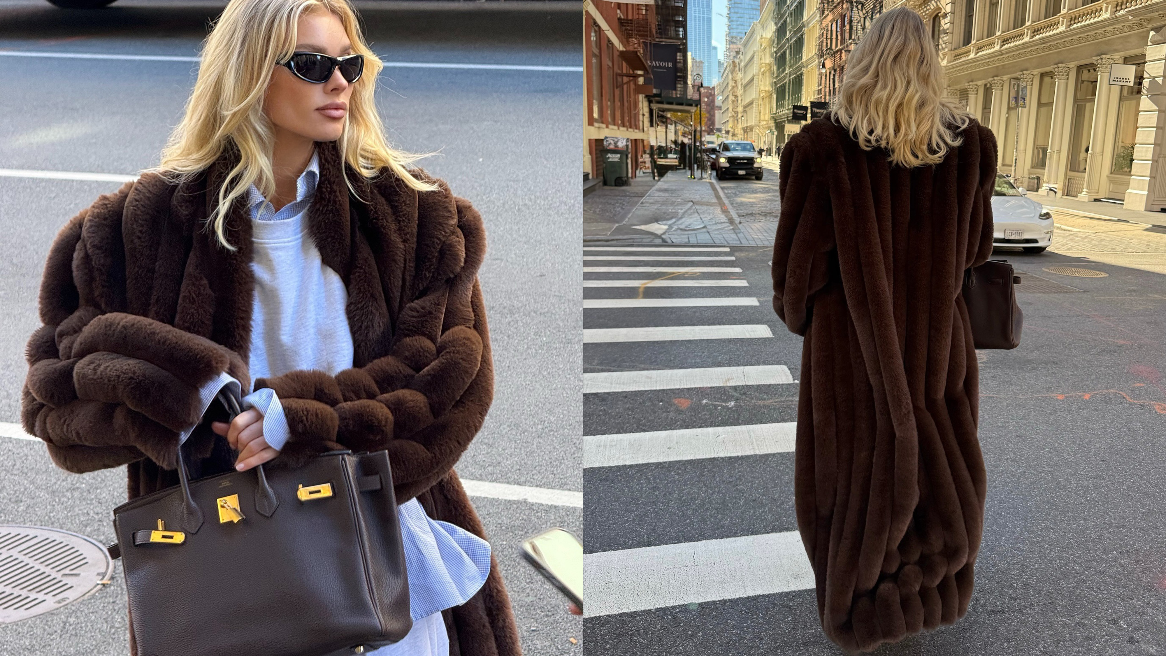 Elsa Hosk wearing a fur coat and sweatpants.