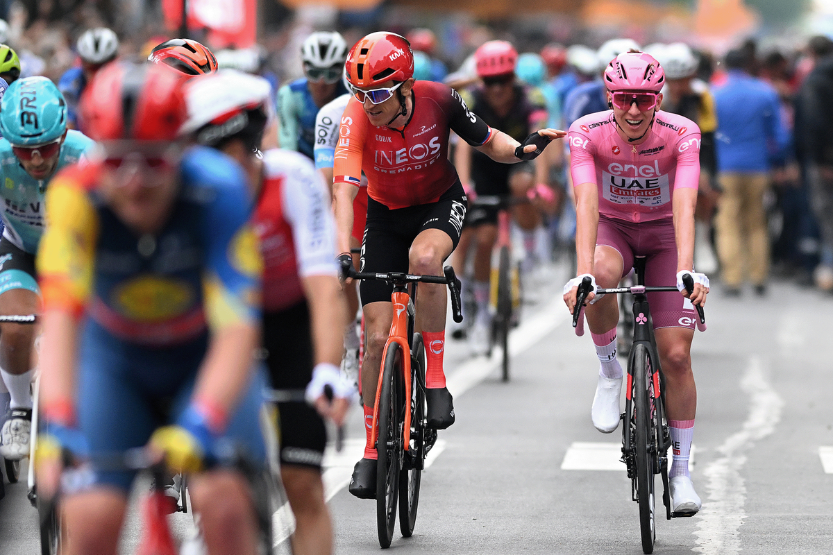 Tadej Pogačar and Geraint Thomas after attacking the finale of stage 3 at the Giro d'Italia