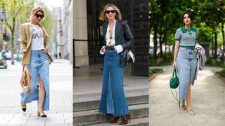 A composite of street style influencers showing how to style a long denim skirt