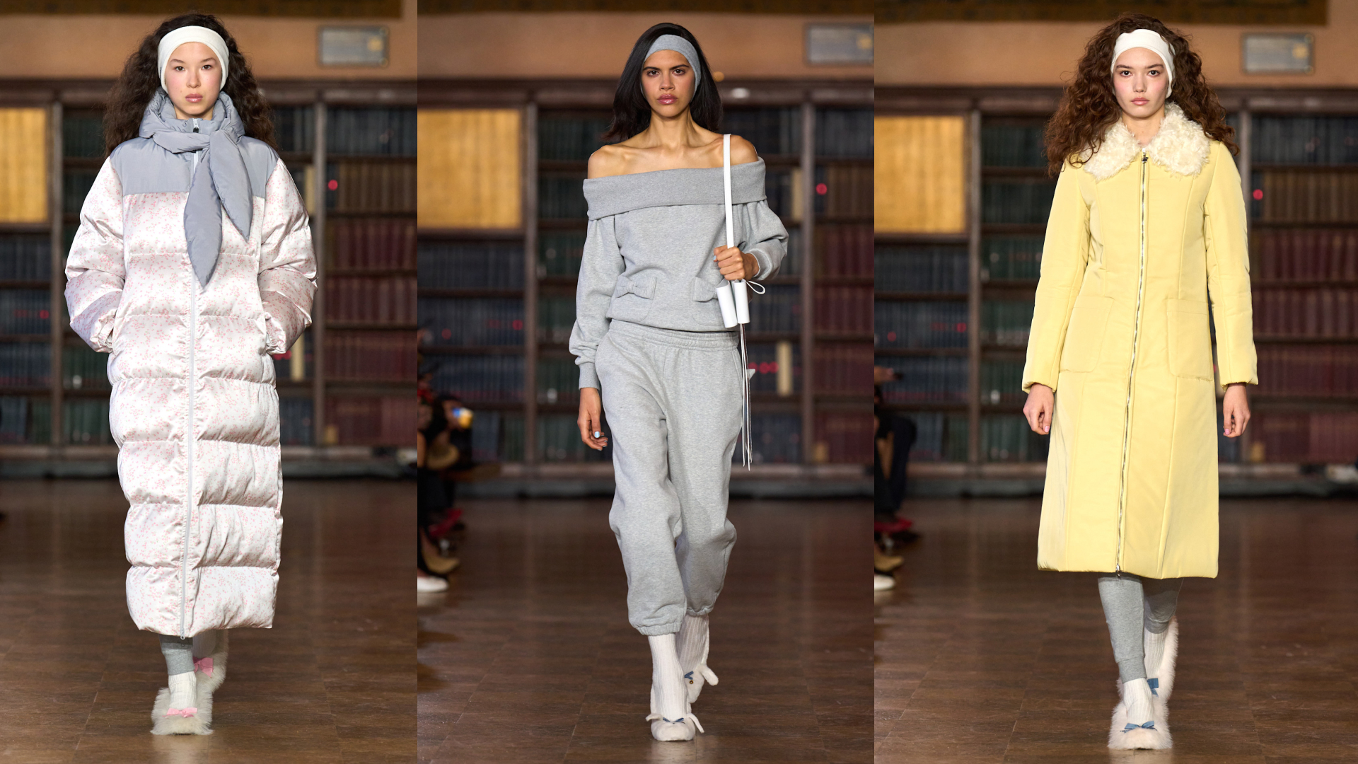 three models wearing slipper shoes on the Sandy Liang runway