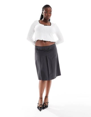 Asos Design Curve Knee Length Tailored Pleated Midi Skirt in Gray