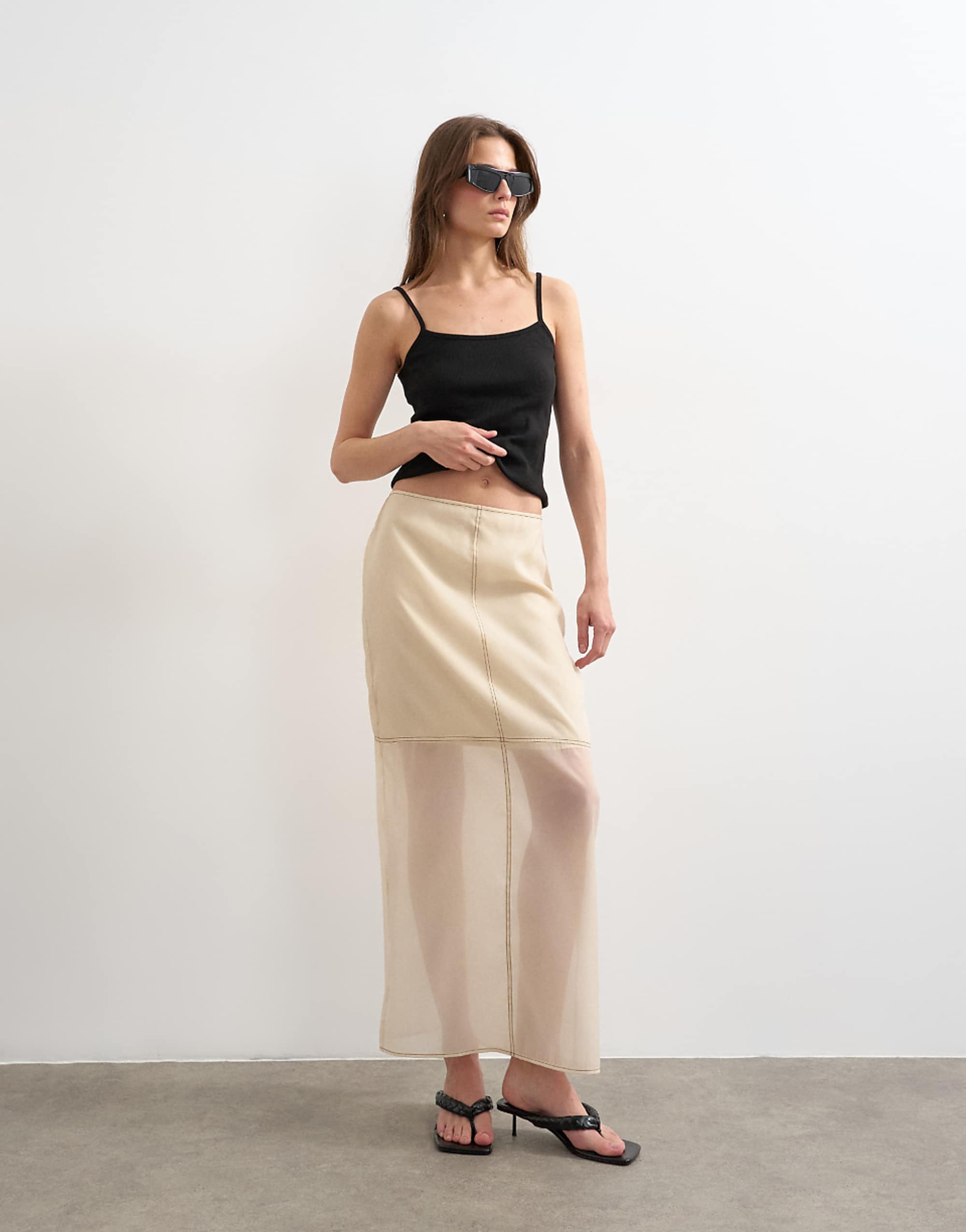 Topshop Organza Column Maxi Skirt with Contrast Stitching in Oyster