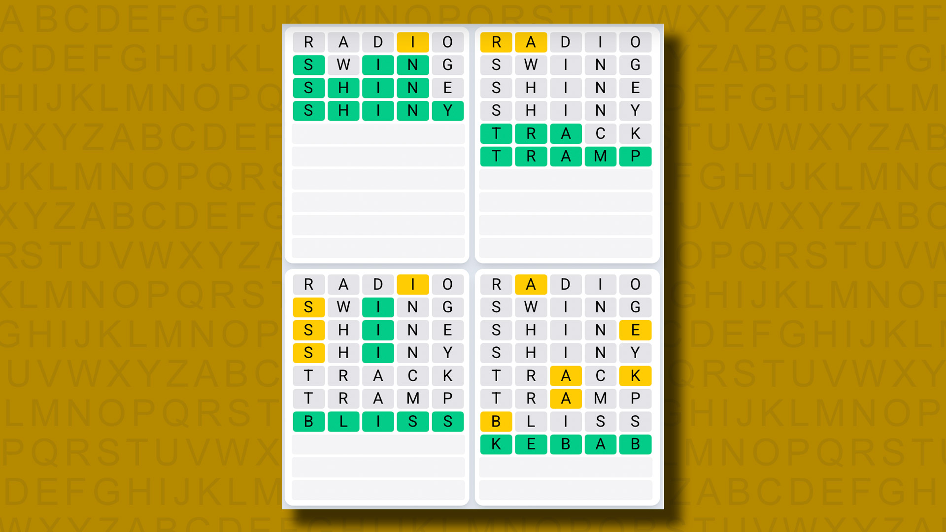 Quordle Daily Sequence answers for game 1210 on a yellow background
