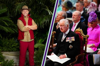 Mike Tindall on I'm A Celebrity split screen with royal image of Mike and Zara Tindall and Prince Charles