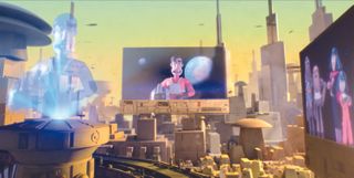 Making Star Wars Visions Volume 2; a man is on a large screen in a cartoon city