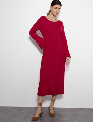 Knitted Slash Neck Midi Tea Dress