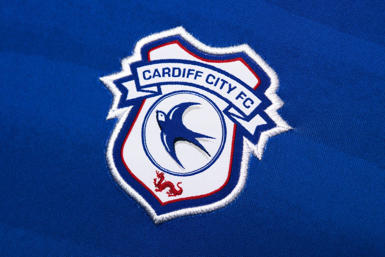 A close-up of the Cardiff City badge on a shirt