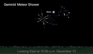 This NASA sky map shows the location of the Geminid meteor shower source in the eastern night sky on Dec. 13, 2016 during the shower's peak, which will be washed out by the bright full moon nearby.