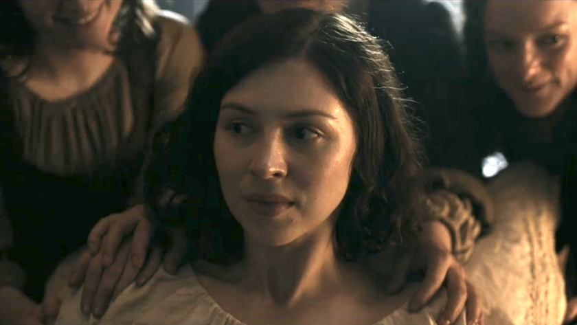 hermione corfield as julia during the birth scene in outlander: blood of my blood season 1