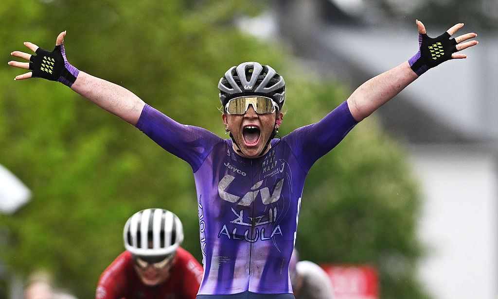 CESSANGE, LUXEMBOURG - MAY 03: Erin Boothman of Great Britain and Team Liv AlUla Jayco celebrates at finish line as stage winner during the 18th Festival Elsy Jacobs a Luxembourg 2026 a 121.6km one day race from Cessange to Cessange on May 03, 2026 in Cessange, Luxembourg. (Photo by Luc Claessen/Getty Images)
