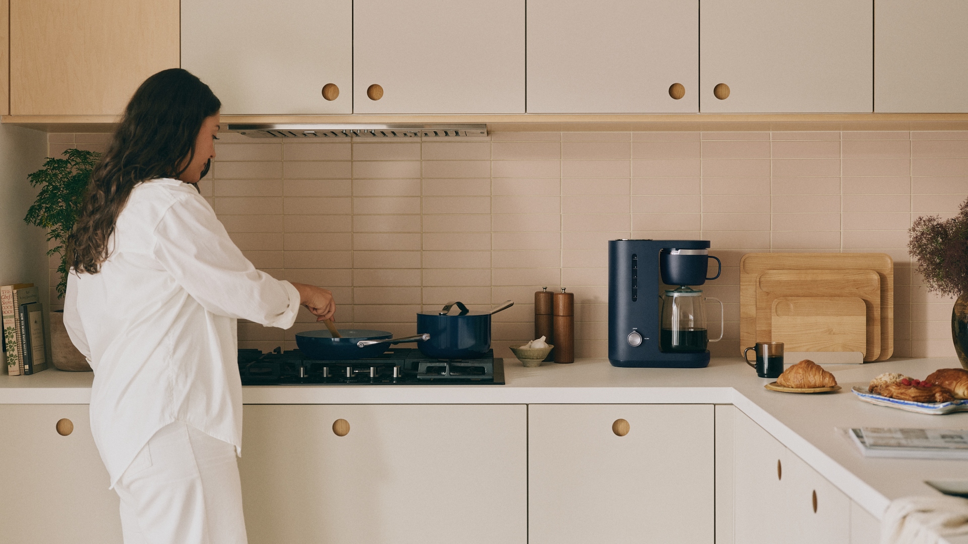 The Caraway 10-Cup Coffee Maker in a home