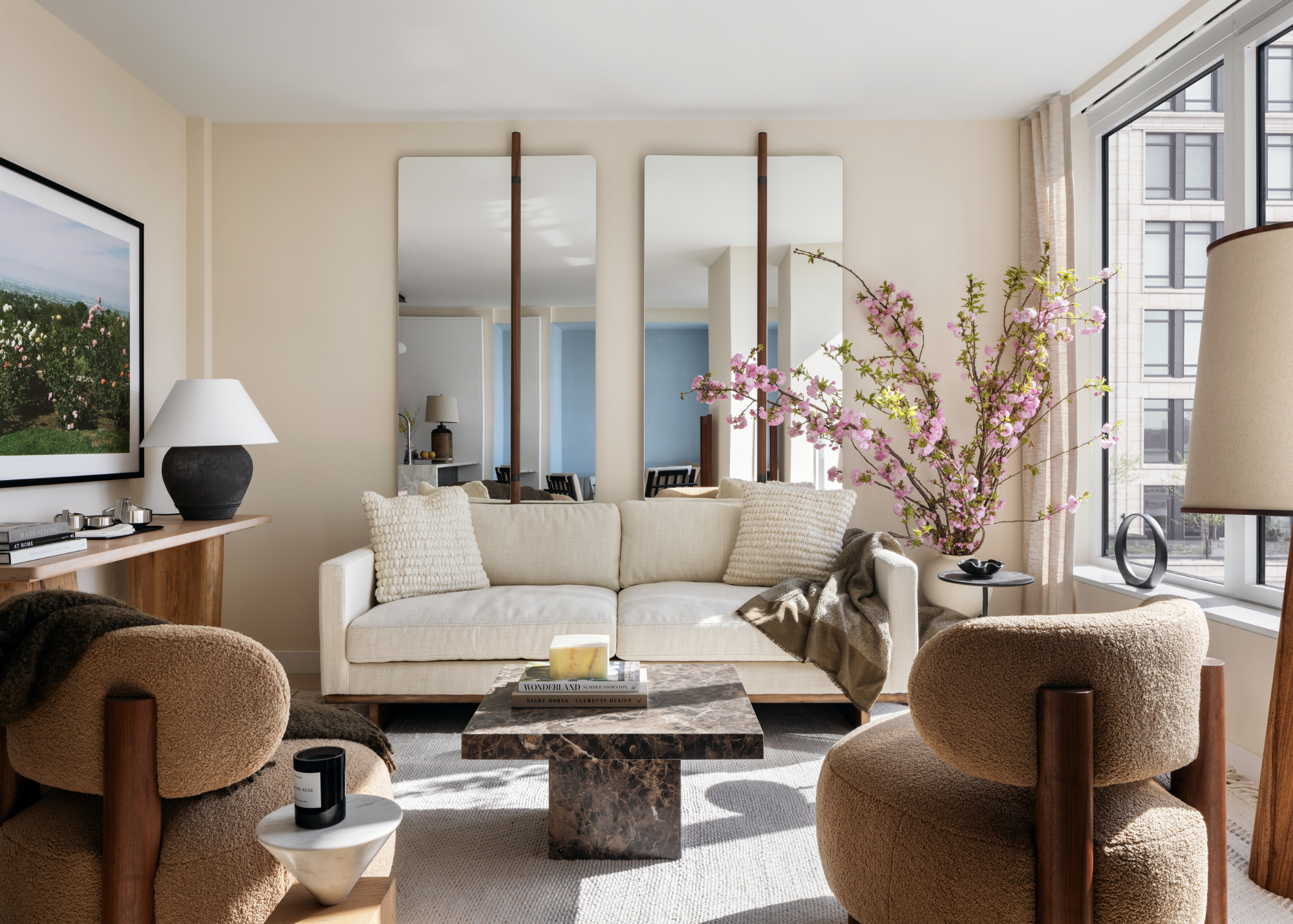 A living room with soft materials