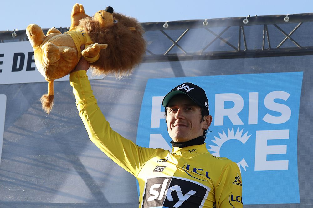 Geraint Thomas in yellow on the stage 6 podium at Paris-Nice