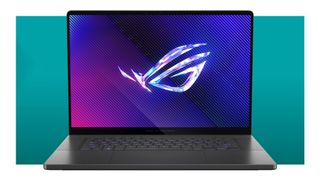 The Asus ROG Zephyrus G16 on a teal deals background with the Asus logo displayed on screen.