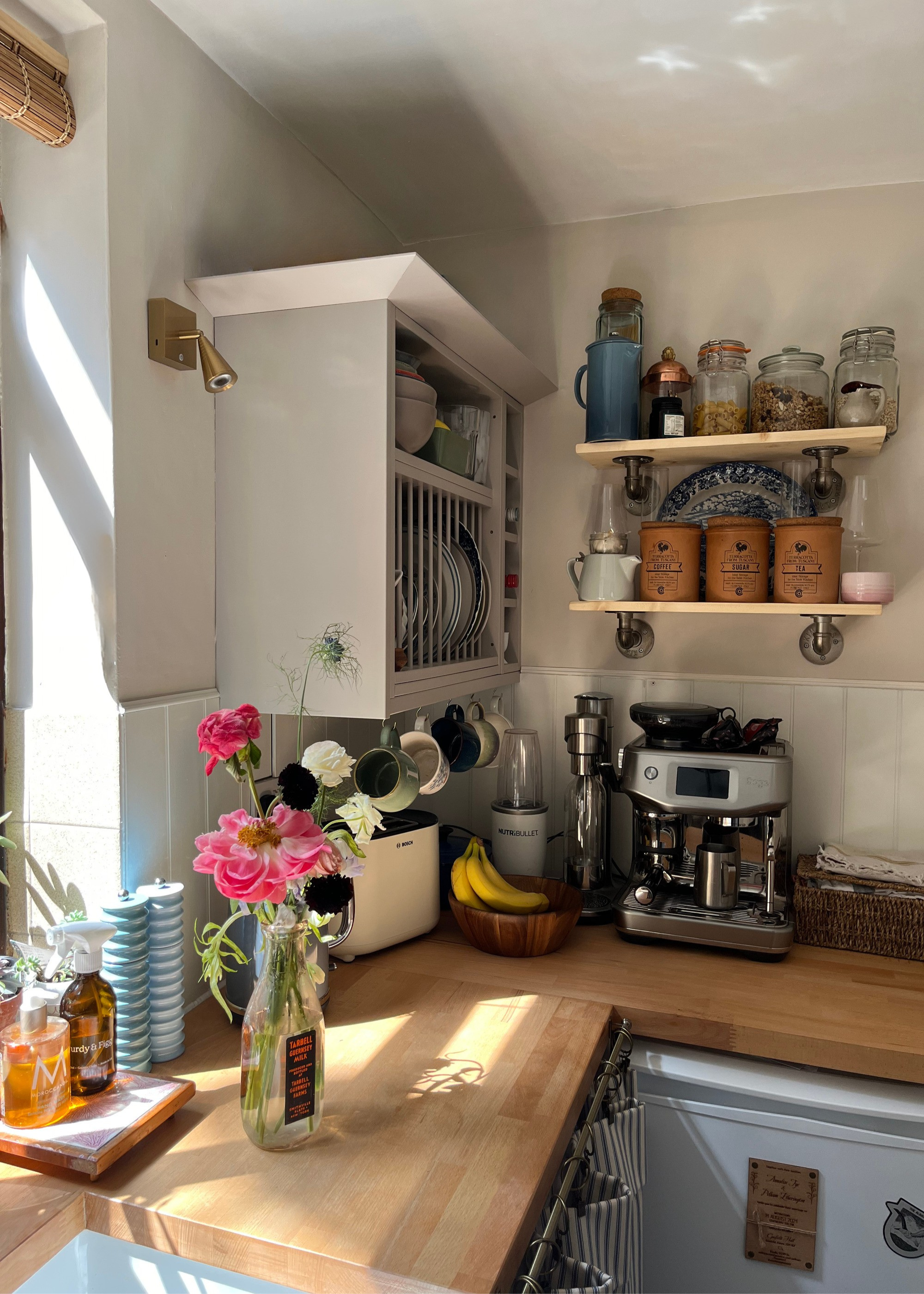 The corner of a small, sunny kitchen with a wooden countertop, open shelves, and a white tongue and groove panelled backsplash