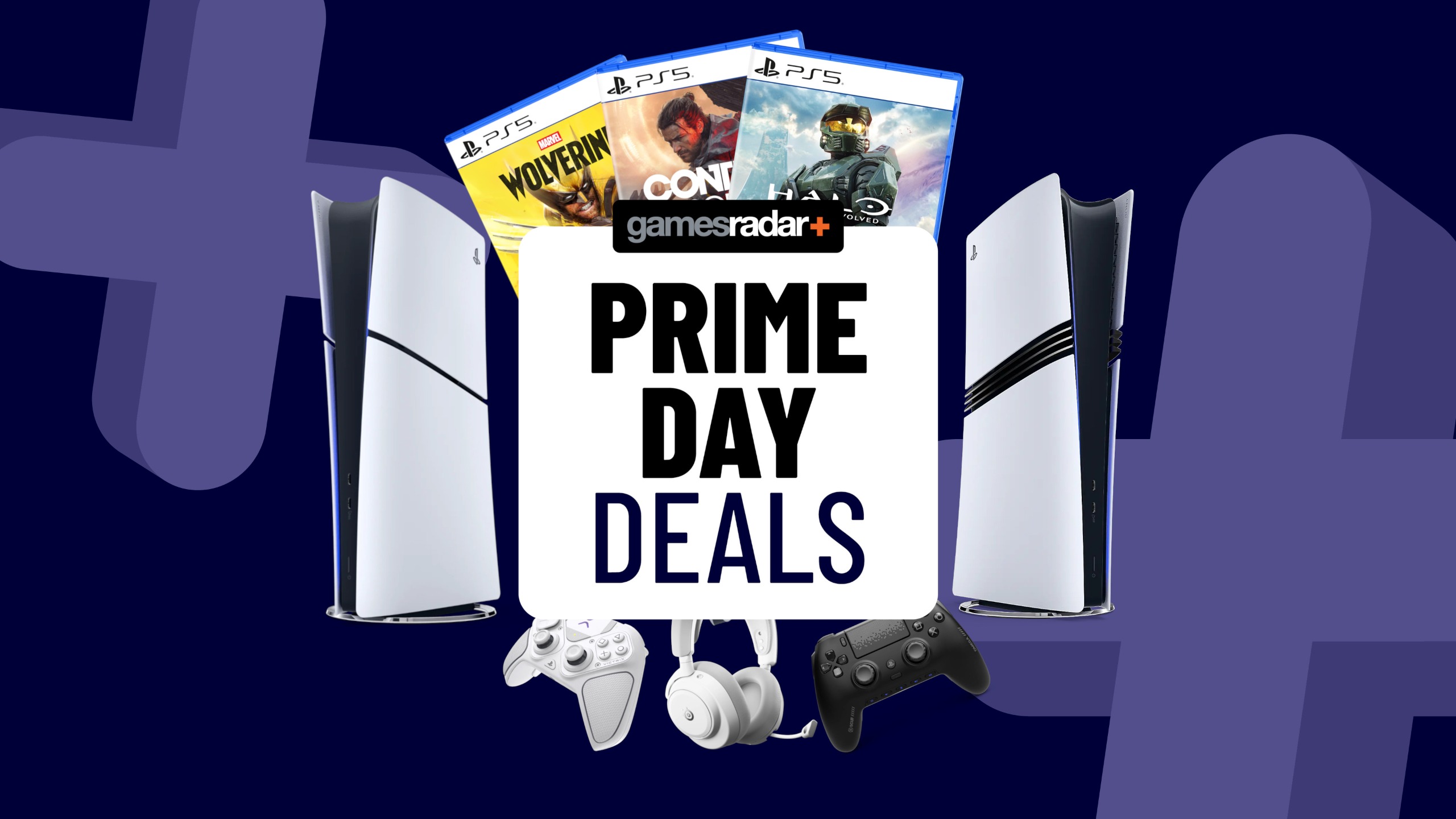 PS5 consoles, games and accessories on a dark blue background with Prime Day deals badge