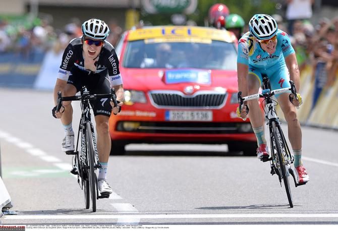 Jan Bakelants (Omega Pharma - QuickStep) claimed stage 6 of the Criterium du Dauhpine in a two-man sprint ahead of Lieuwe Westra.