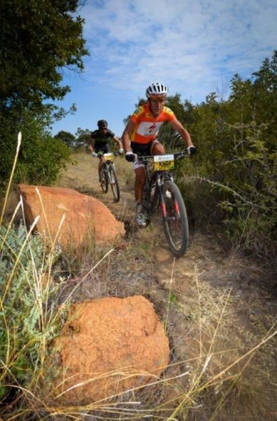 Max Knox and David George make their way through some singletrack