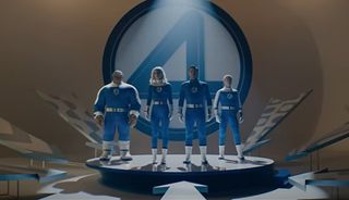 Ebon Moss-Bachrach, Vanessa Kirby, Pedro Pascal and Joseph Quinn in The Fantastic Four: First Steps