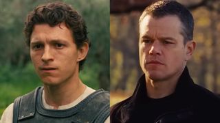 Tom Holland in The Odyssey/ Matt Damon in Jason Bourne (side by side image)