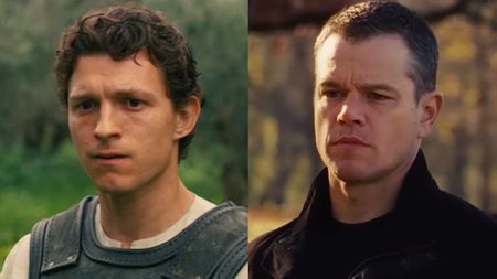Tom Holland in The Odyssey/ Matt Damon in Jason Bourne (side by side image)