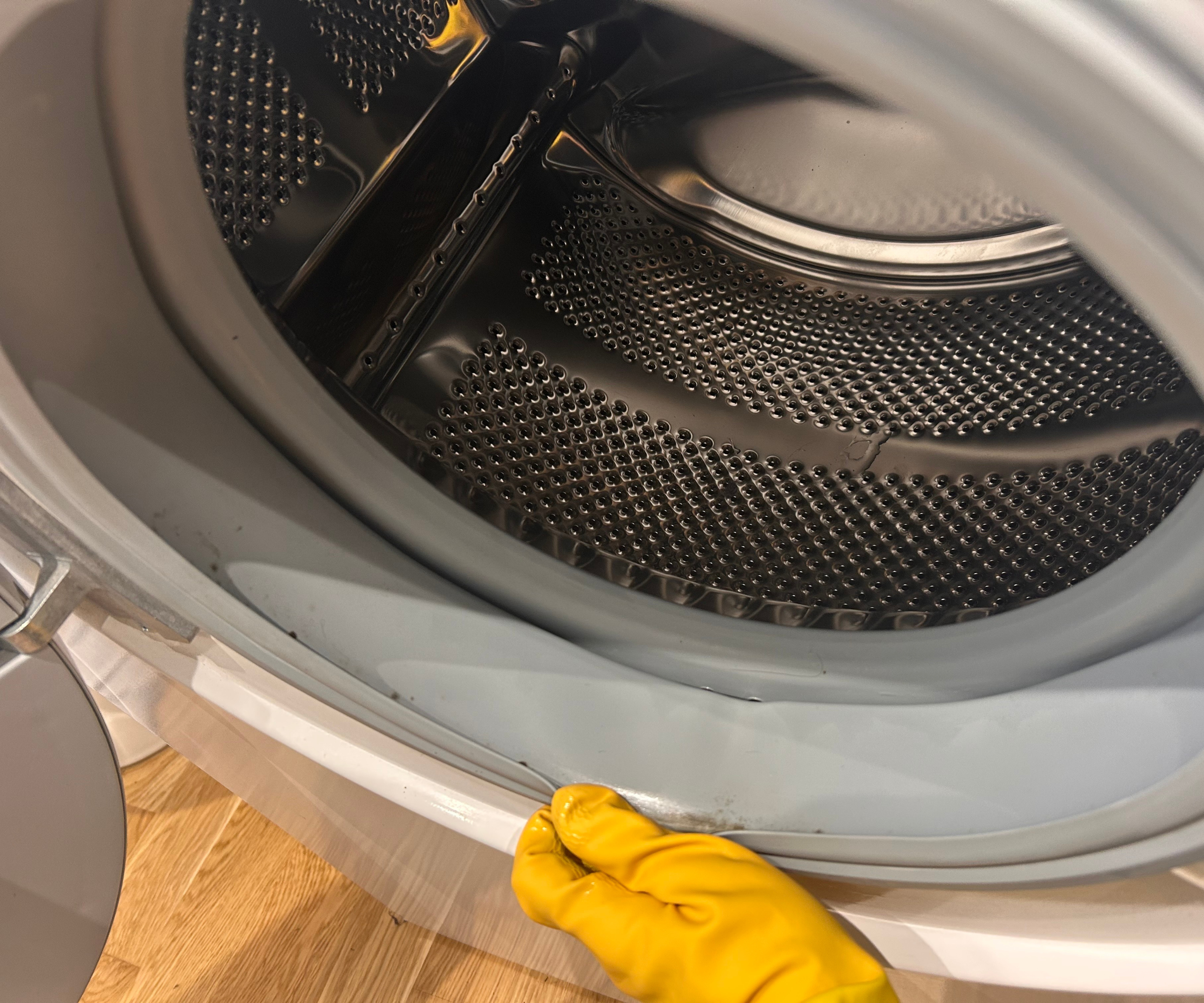 Revised from previous illustration to reveal small amount of mold retrieving rubber gloved hand washing machine