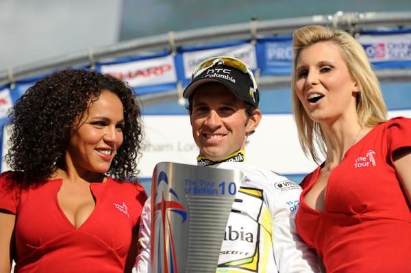 Swiss rider Michael Albasini enjoys the view from the podium.