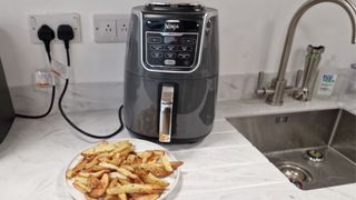 Ninja Max XL air fryer behind a plate of fries