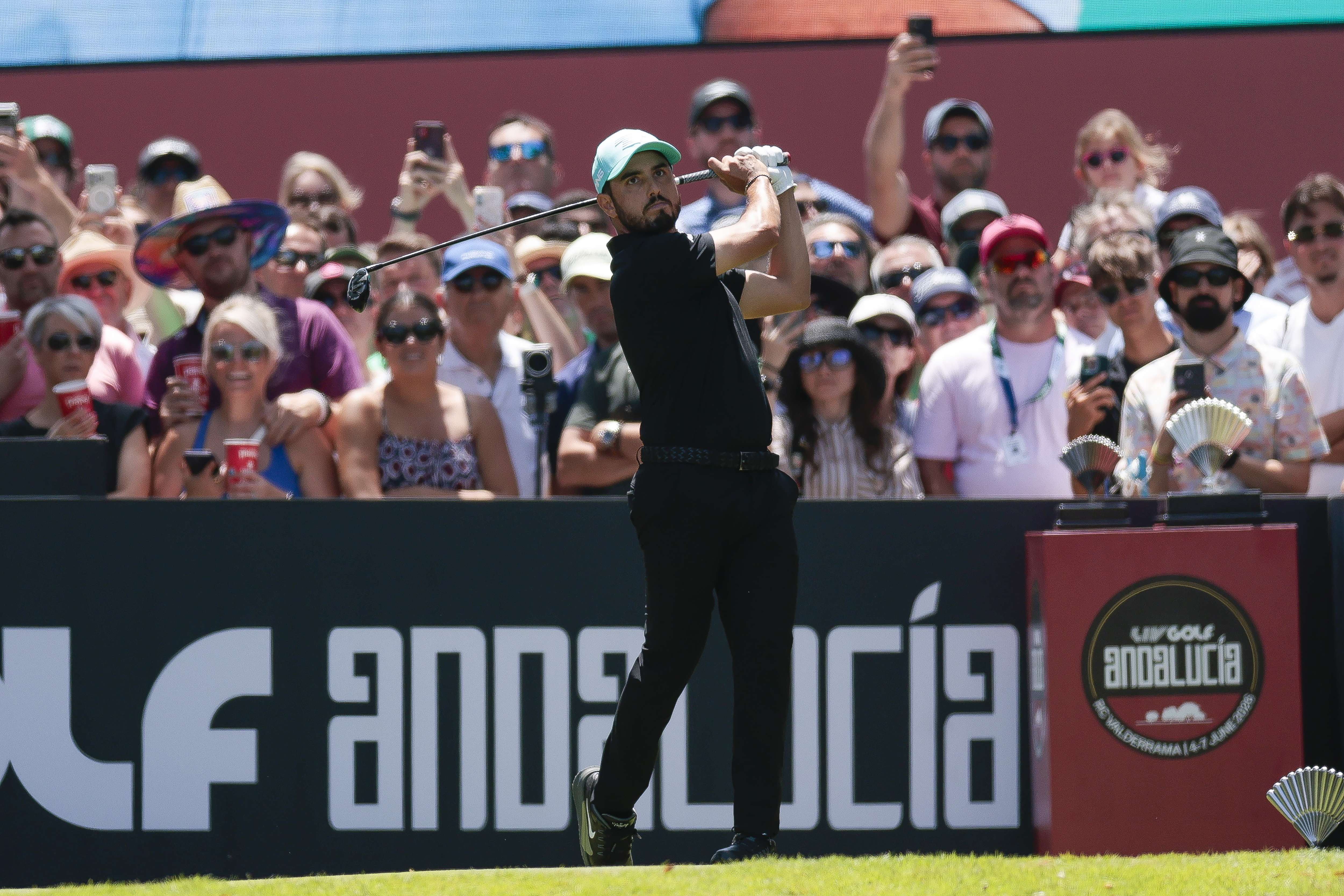 Abraham Ancer hits a tee shot during the final round of LIV Golf Andalucia 2026