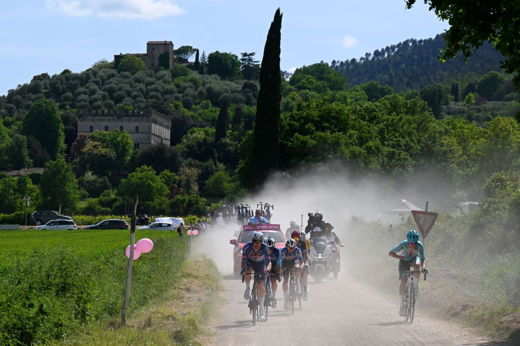 RAPOLANO TERME ITALY MAY 09 LR Kaden Groves of Australia and Team Alpecin Deceuninck Andrea Vendrame of Italy and Decathlon AG2R La Mondiale Team Julian Alaphilippe of France and Team Soudal QuickStep Matteo Trentin of Italy and Tudor Pro Cycling Team Luke Plapp of Australia and Team Jayco AlUla and Filippo Fiorelli of Italy and Team VF Group Bardiani CSF Faizane compete in the breakaway passing through the Vidritta gravel road sector during the 107th Giro dItalia 2024 Stage 6 a 180km stage from Viareggio to Rapolano terme 322m UCIWT on May 09 2024 in Rapolano terme Italy Photo by Tim de WaeleGetty Images