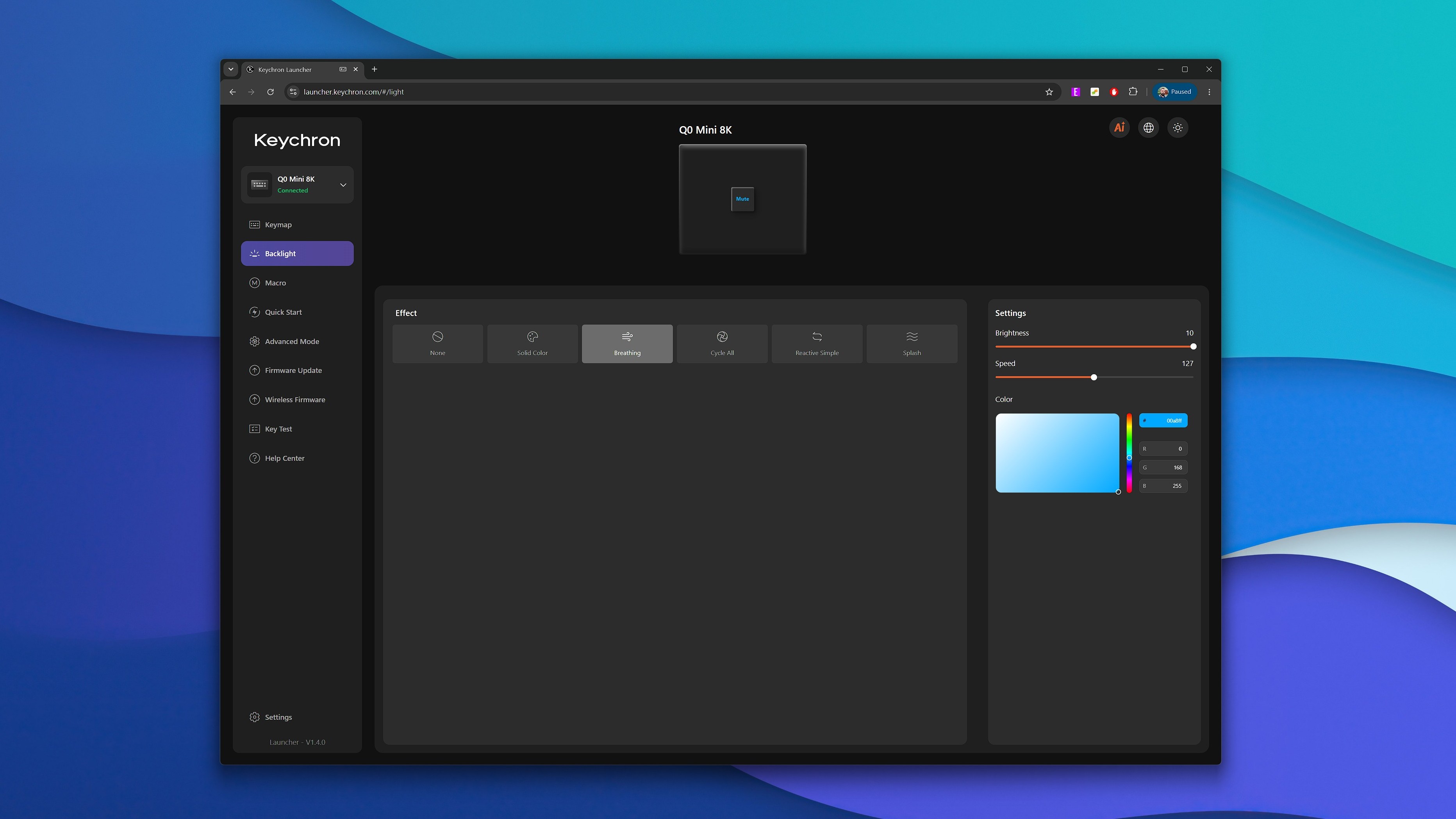 A screenshot showing how you can customize the Keychron Q0 Mini 8K Action Key's RGB lighting using the Keychron Launcher