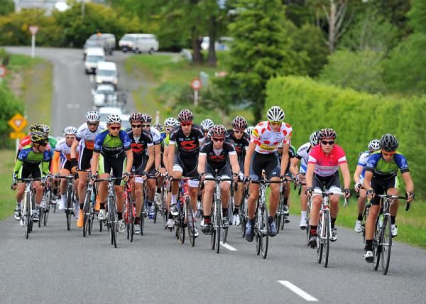 The peloton stretch their legs on a small climb