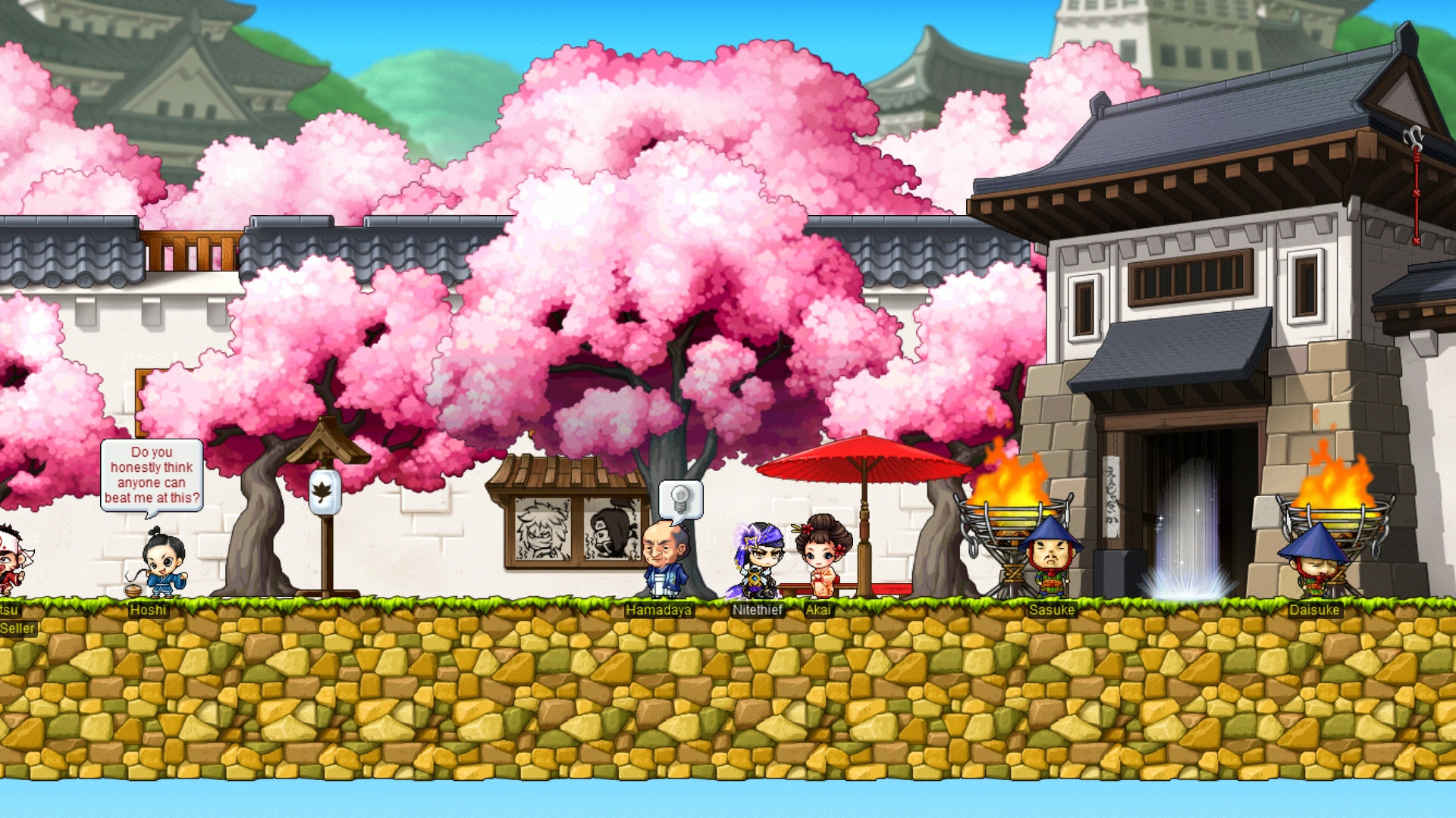 best free games: characters such as samurai and a geisha standing in front of a Japanese castle and pink cherry blossom trees in MapleStory