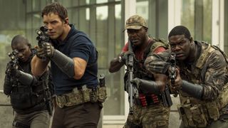 Chris Pratt, Sam Richardson and Edwin Hodge lift their guns to fight aliens in The Tomorrow War on Amazon Prime Video