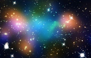 A violent collision of galaxy clusters formed the Abell 520 galaxy cluster. False-color maps superimposed on the image reveal the highest concentration of mass in the cluster (blue), which scientists say is dominated by dark matter.
