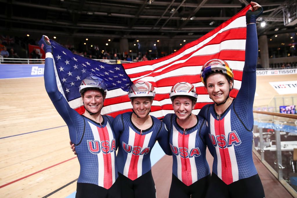 BERLIN GERMANY FEBRUARY 27 Winners US Jennifer Valente Chloe Dygert Emma White and Lily Williams celebrate after the Womens Team Pursuit Finals during day 2 of the UCI Track Cycling World Championships Berlin at Velodrom on February 27 2020 in Berlin Germany Photo by Maja HitijGetty Images