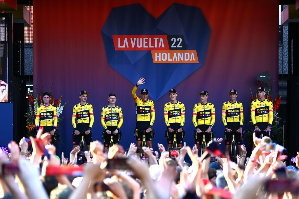 UTRECHT NETHERLANDS AUGUST 18 Primoz Roglic of Slovenia Edoardo Affini of Italy Rohan Dennis of Australia Robert Gesink of Netherlands Chris Harper of Australia Sepp Kuss of United States Sam Oomen of Netherlands Mike Teunissen of Netherlands and Team Jumbo Visma during the 77th Tour of Spain 2022 Team Presentation LaVuelta22 WorldTour on August 18 2022 in Utrecht Netherlands Photo by Tim de WaeleGetty Images