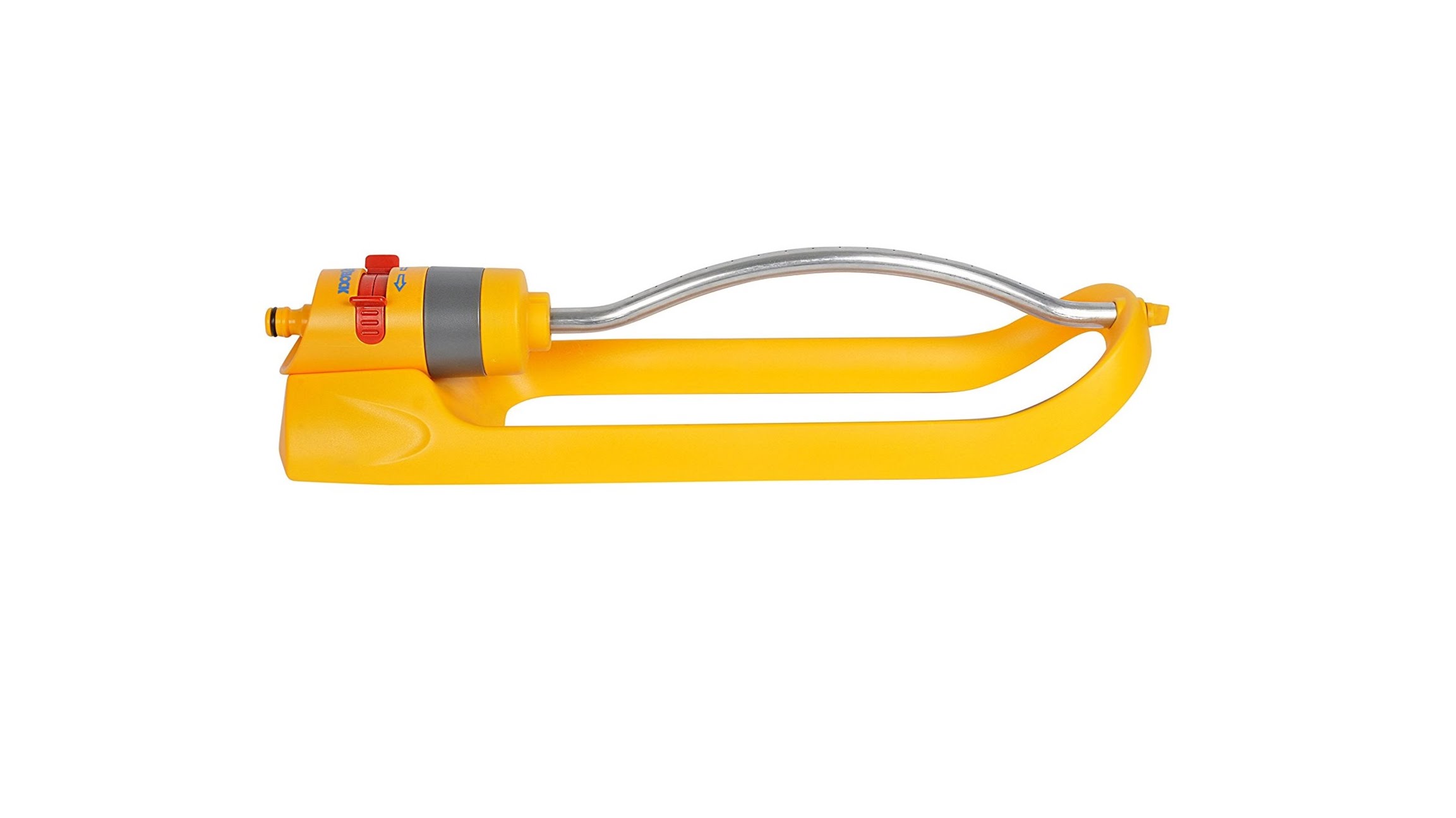 Hozelock Rectangular garden sprinkler in yellow colorway on white background