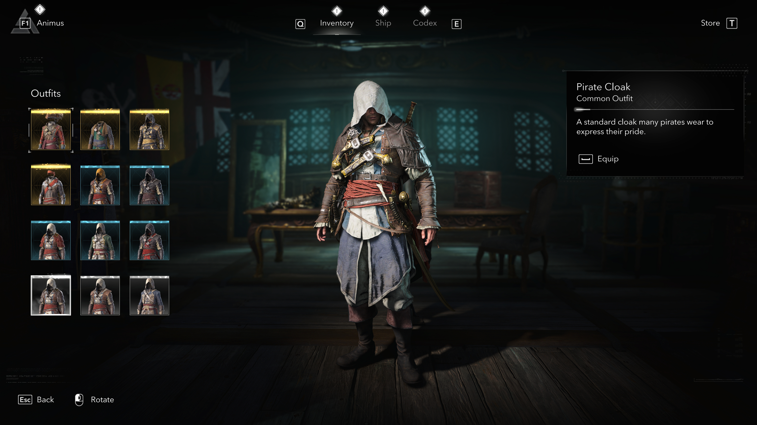 Black Flag outfits: The Pirate Cloak outfit viewed in the menu.